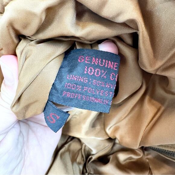 Vintage Tan Genuine Leather Patchwork Scrunched Full Zip Bomber Jacket Size S - Picture 15 of 16